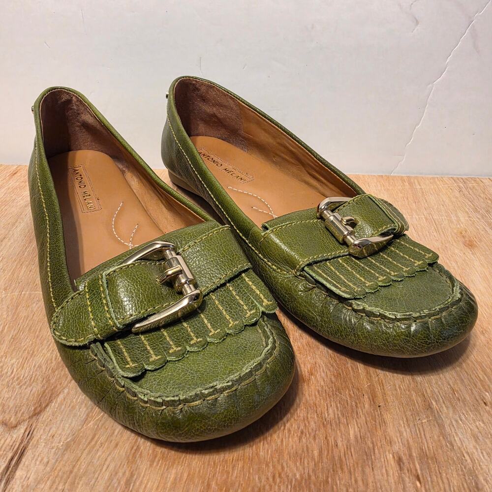 Antonio Melani Green Leather Kiltie Buckle loafer metallic silver buckle size 10